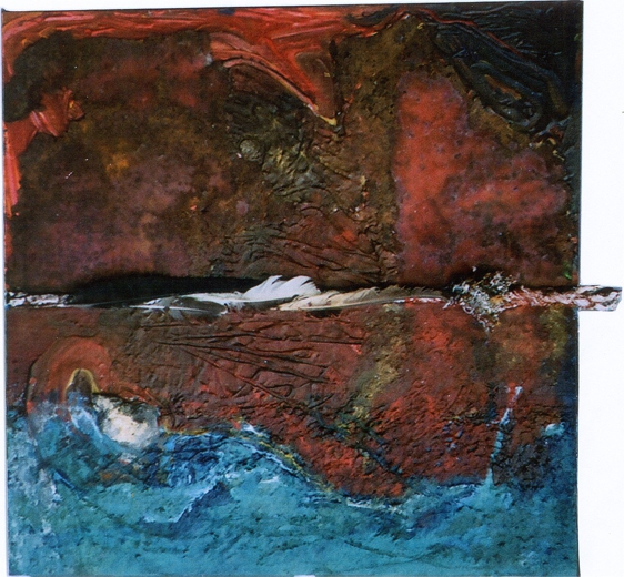 Schöpfungsmythos -Über der Tiefe, 80x80 cm Acryl, Fundstücke auf Holz (Assemblage), 2008